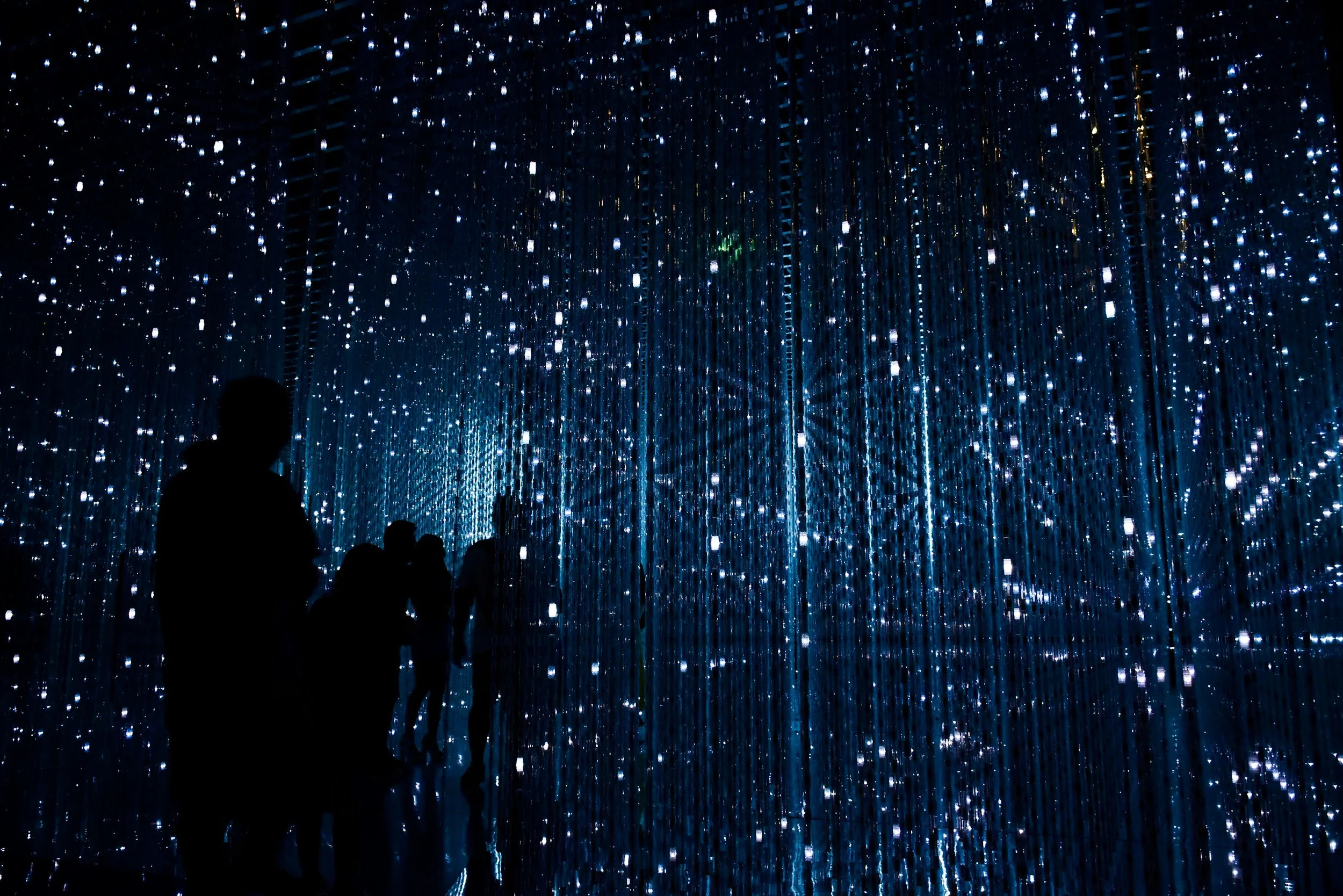 Silhouettes of people inside an immersive, star-like light installation with blue, white, and green lights.