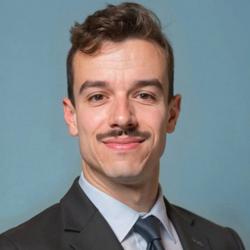 A young man with short brown hair, a mustache, and a goatee, wearing a suit and tie, smiling at the camera against a blue background.