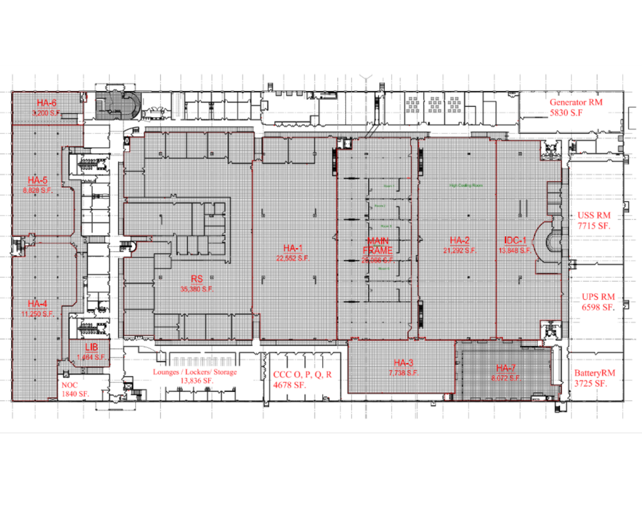 A detailed building floor plan with various sections labeled in red, including storage rooms, lounges, control centers, and technical rooms, with measurements in square feet.