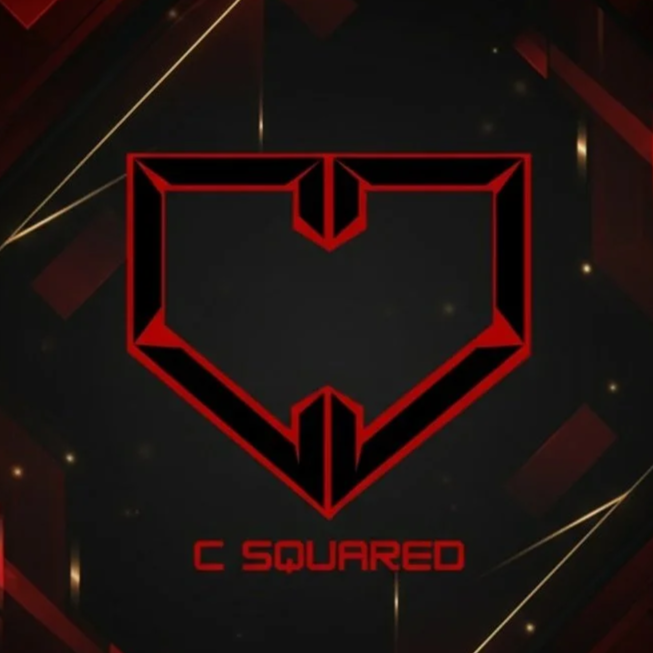 A digital graphic featuring a red geometric heart outline with the text "C SQUARED" underneath against a dark background with light streaks and small glowing particles.