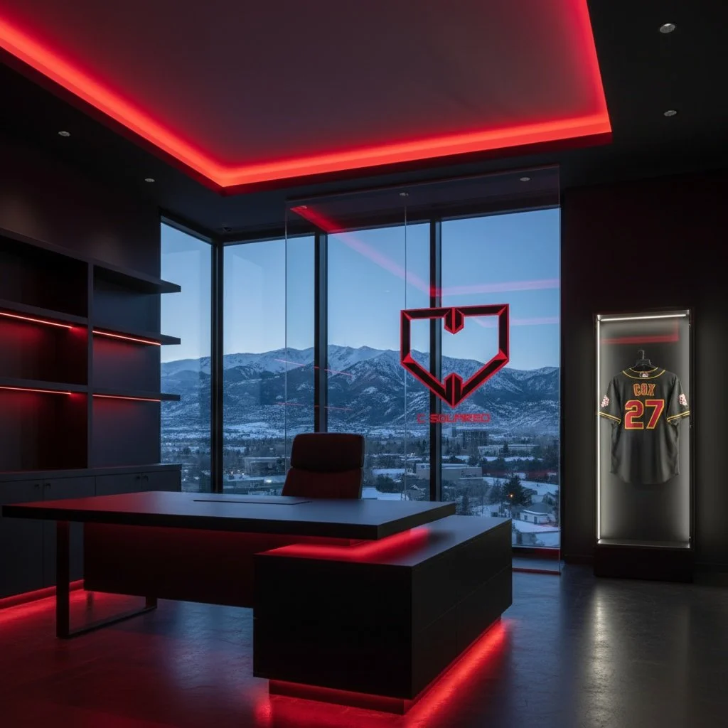 Modern office with black walls and red LED accent lighting, large window showing mountains and snow, illuminated Heartagram logo hanging from ceiling, framed sports jersey on display to the right.