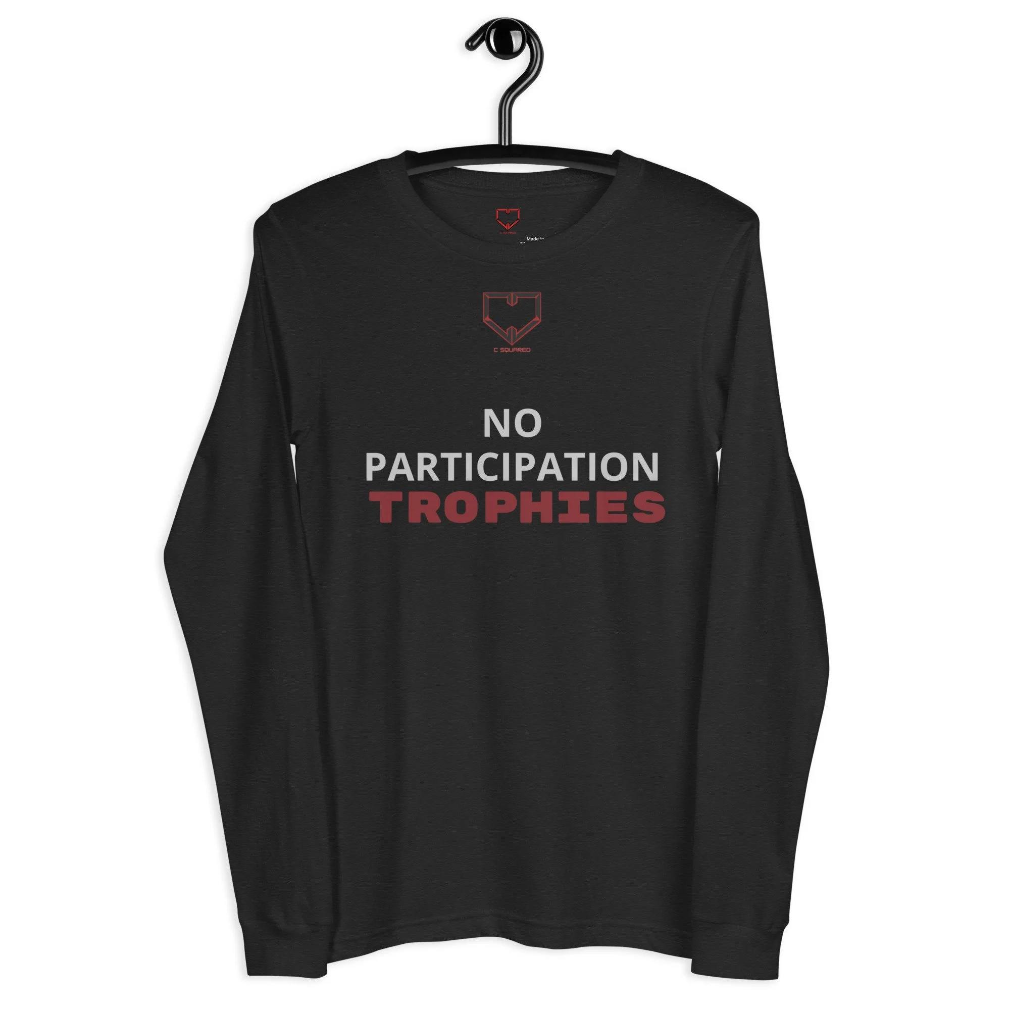 Black sweatshirt hanging on a hanger with the text 'NO PARTICIPATION TROPHIES' printed on the front.