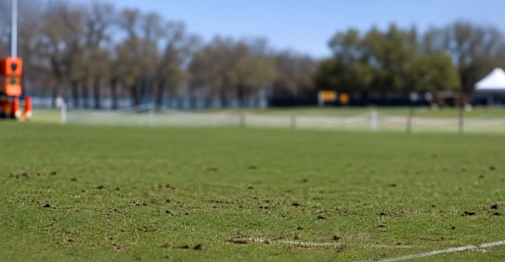 Close-up of a muddy, grassy sports field, with a blurred background of trees and sports equipment.