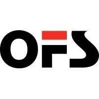 Logo with the text 'OFS', where the 'O' is black, the hyphen is red, and the 'S' is black, with the text mirrored horizontally.