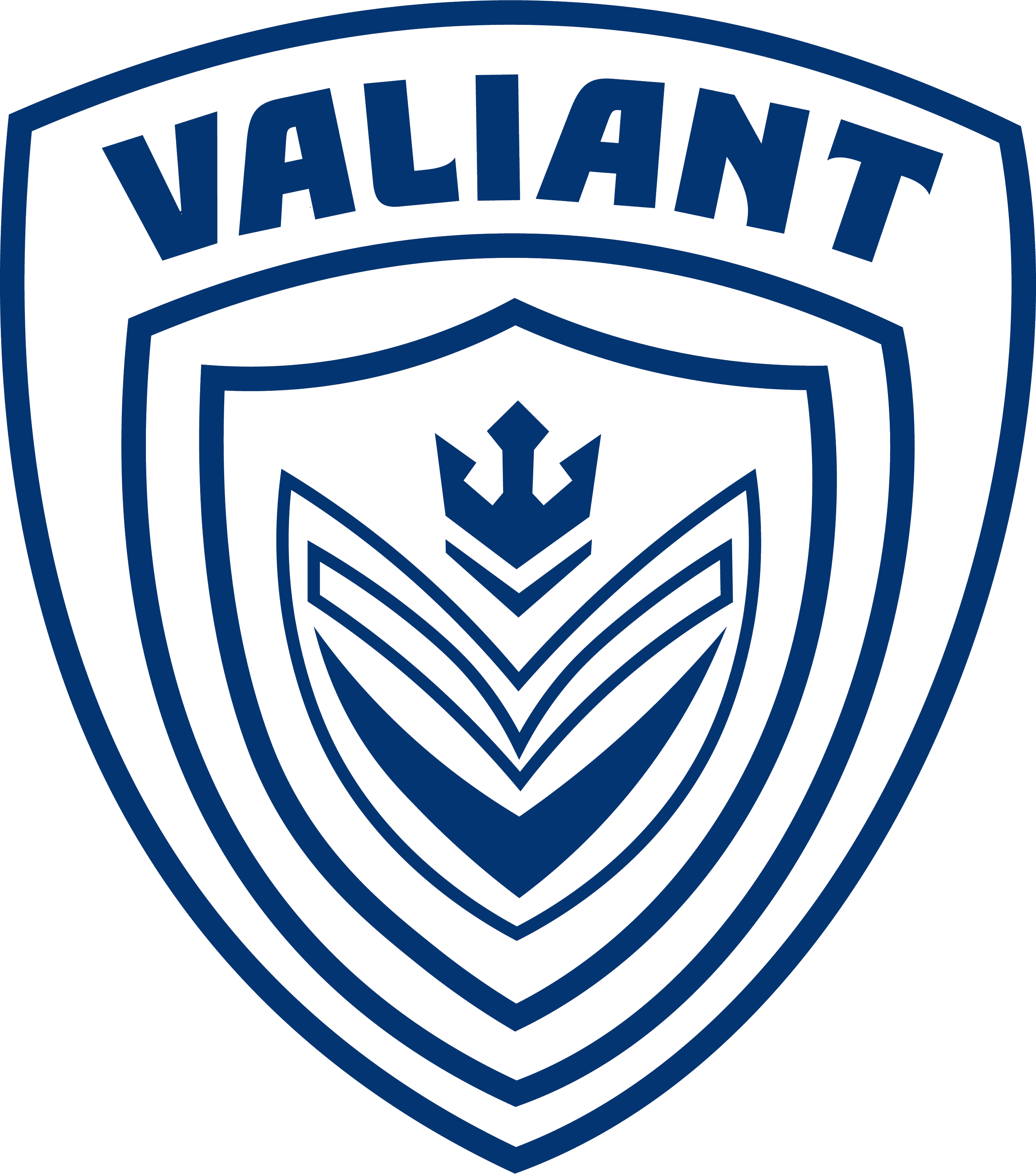 A shield-shaped emblem with the word 'VALIANT' at the top and a stylized eagle's face in the center, outlined in blue and black.