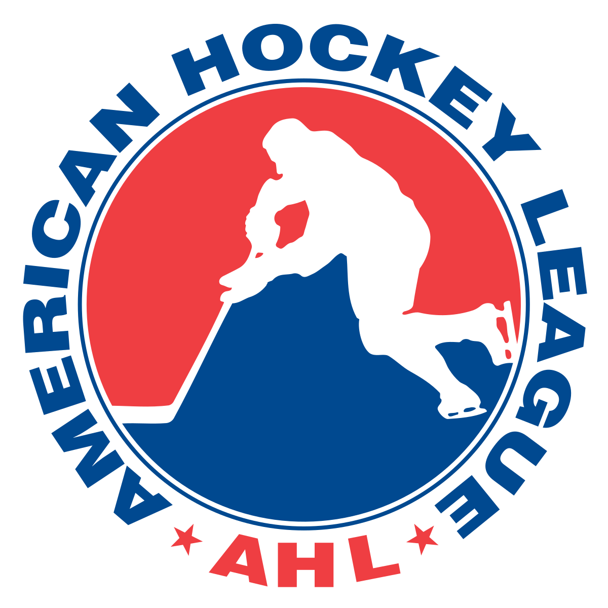 Logo of American Hockey League with a hockey player in silhouette hitting a puck from a mountaintop background, surrounded by the text 'American Hockey League' and 'AHL' at the bottom.