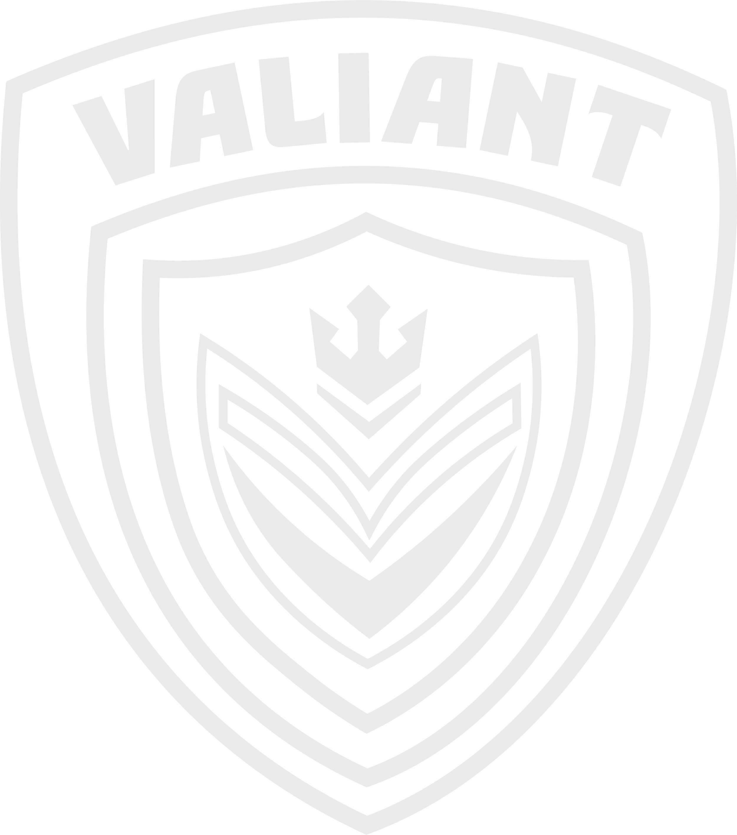 Black and white badge with the word 'VALIANT' at the top, a shield emblem with a stylized crown or trident symbol, and layered lines forming a crest.