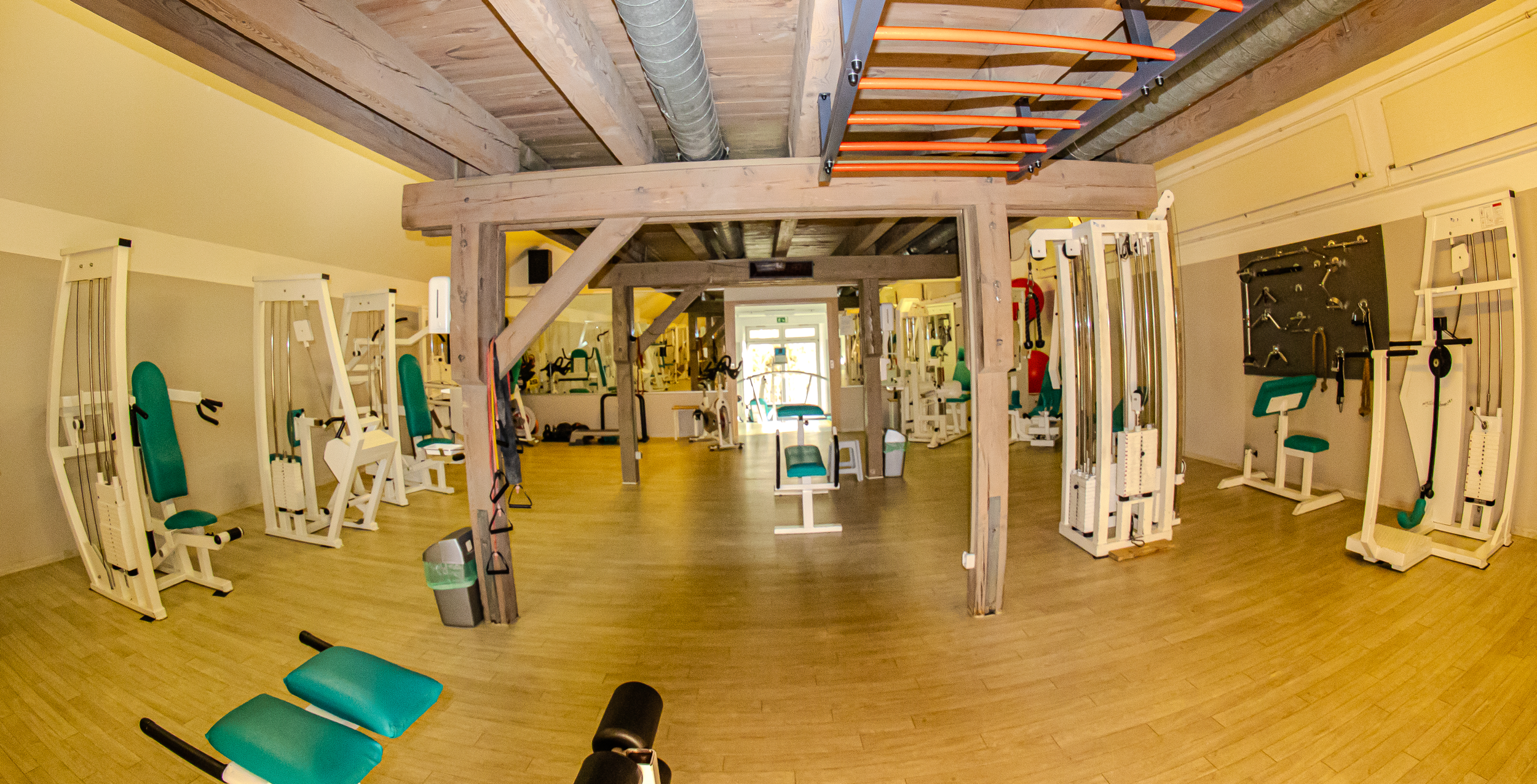 Fitnessstudio mit verschiedenen Geräten, Holzdecken und Fußboden, große Fenster, Kabelzugstationen und ein Tür im Hintergrund.