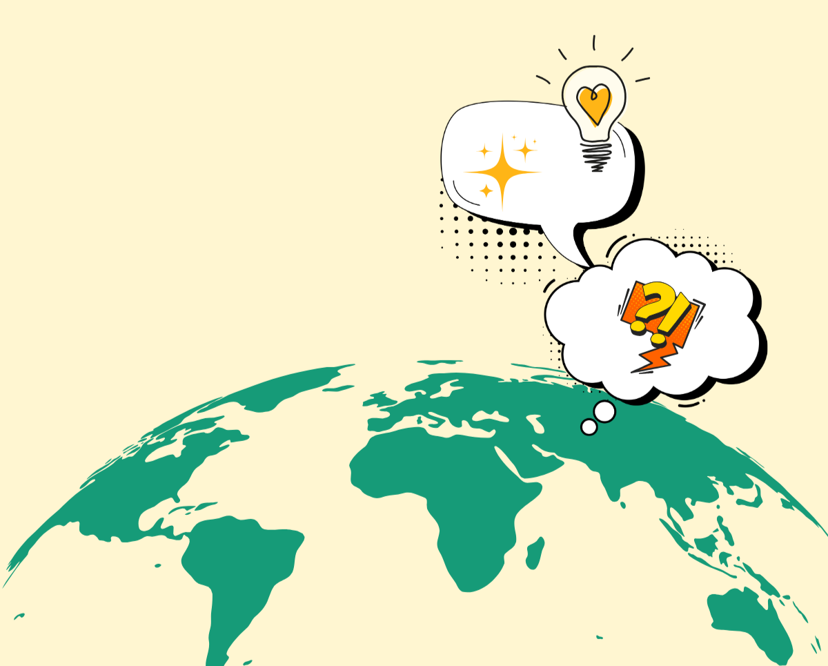 Earth's surface with speech bubbles, question marks and light bulb