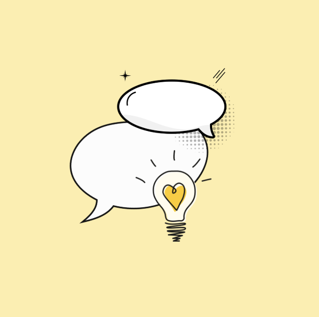 Two speech bubbles above a light bulb with a heart inside, all on a light yellow background, representing ideas and communication.