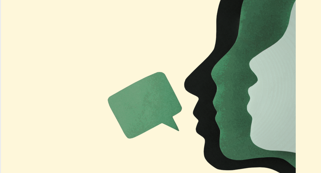 Three human faces with a speech bubble representing advocacy