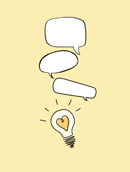 A lightbulb with a heart inside, surrounded by three speech bubbles on a light yellow background.