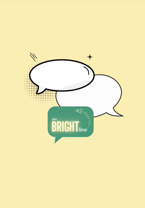 Two overlapping white speech bubbles on a yellow background with a small star and dotted design, featuring a green speech bubble with the text "the BRIGHT line" in white and light green.