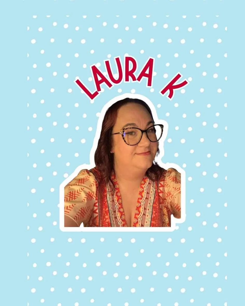 A woman with glasses and brown hair, smiling, wearing patterned clothing, against a blue background with white polka dots, with text reading "Laura K Laptop Elf."