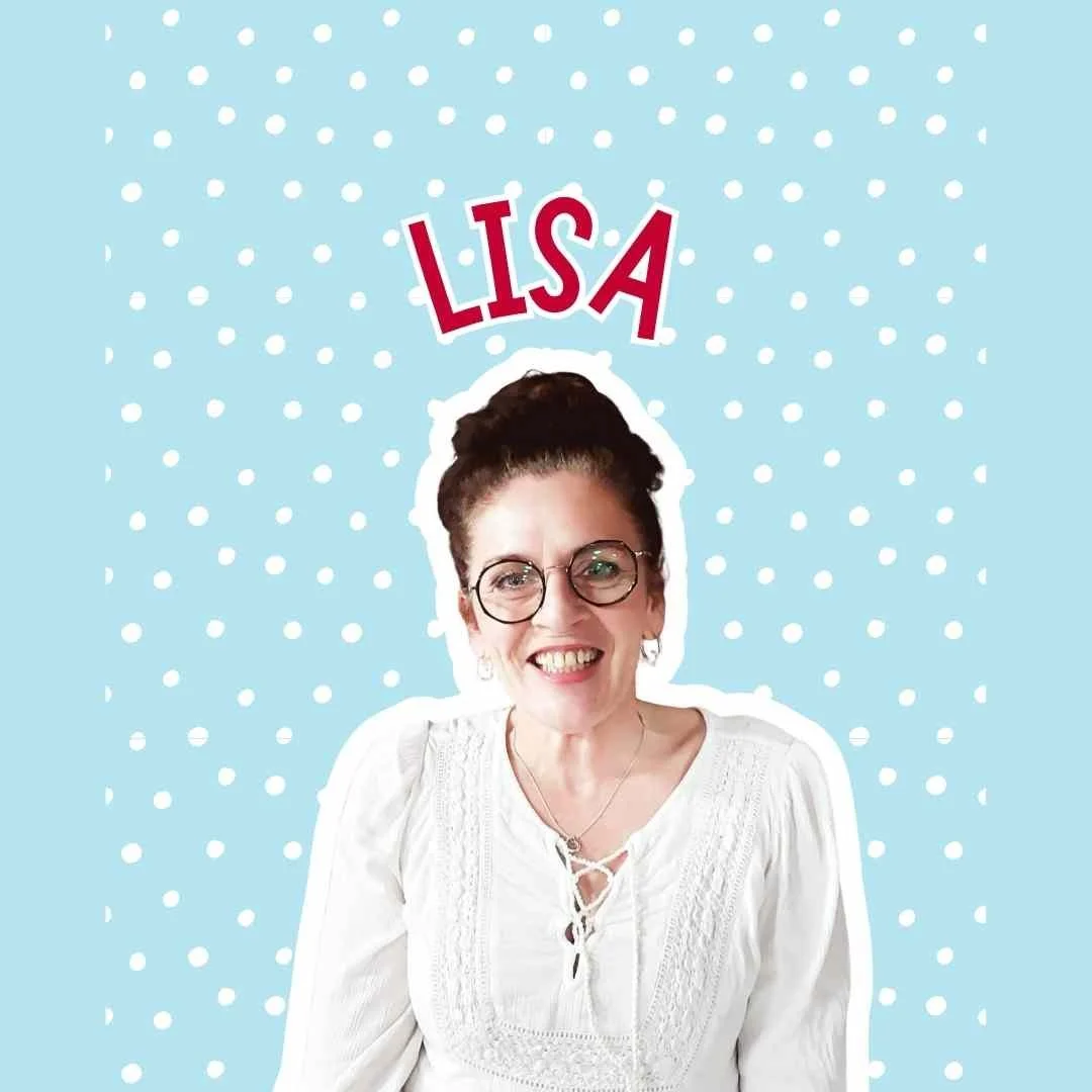Smiling woman with glasses and earrings, wearing a white top, with the name 'LISA' written above her in red letters, against a blue polka dot background.