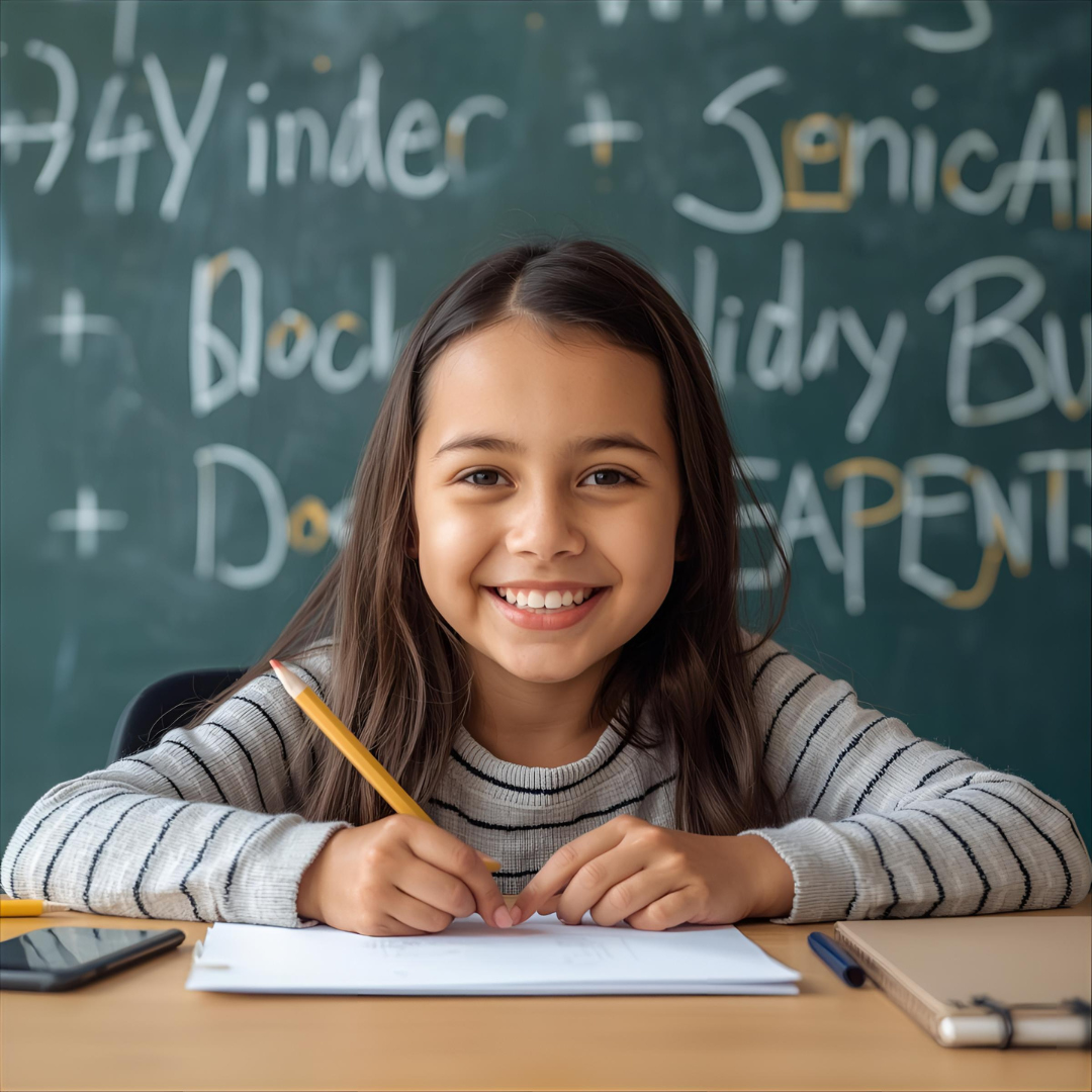 Young girl with long brown hair smiling at the camera, sitting at a desk with a pencil in hand, in a classroom with a blackboard behind her filled with handwritten notes.
