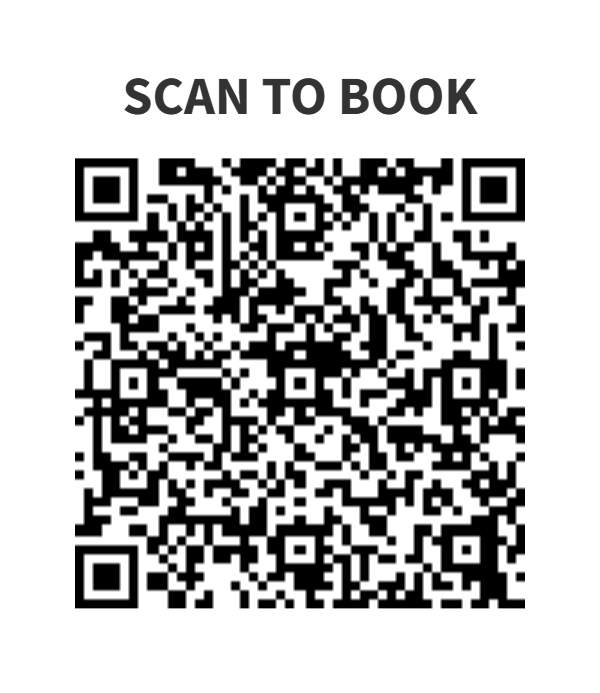 A QR code with the text 'SCAN TO BOOK' above it.