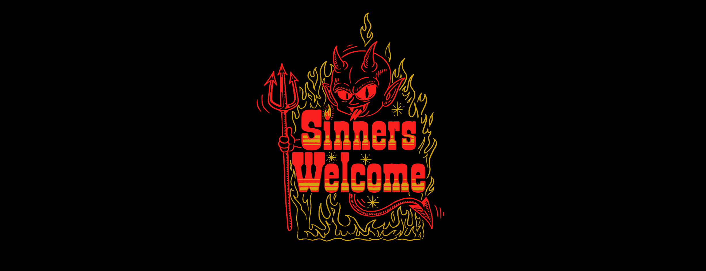A neon sign with a red devil with horns, a mischievous smile, holding a trident, surrounded by flames, and the words 'Sinners Welcome' in bold red letters.