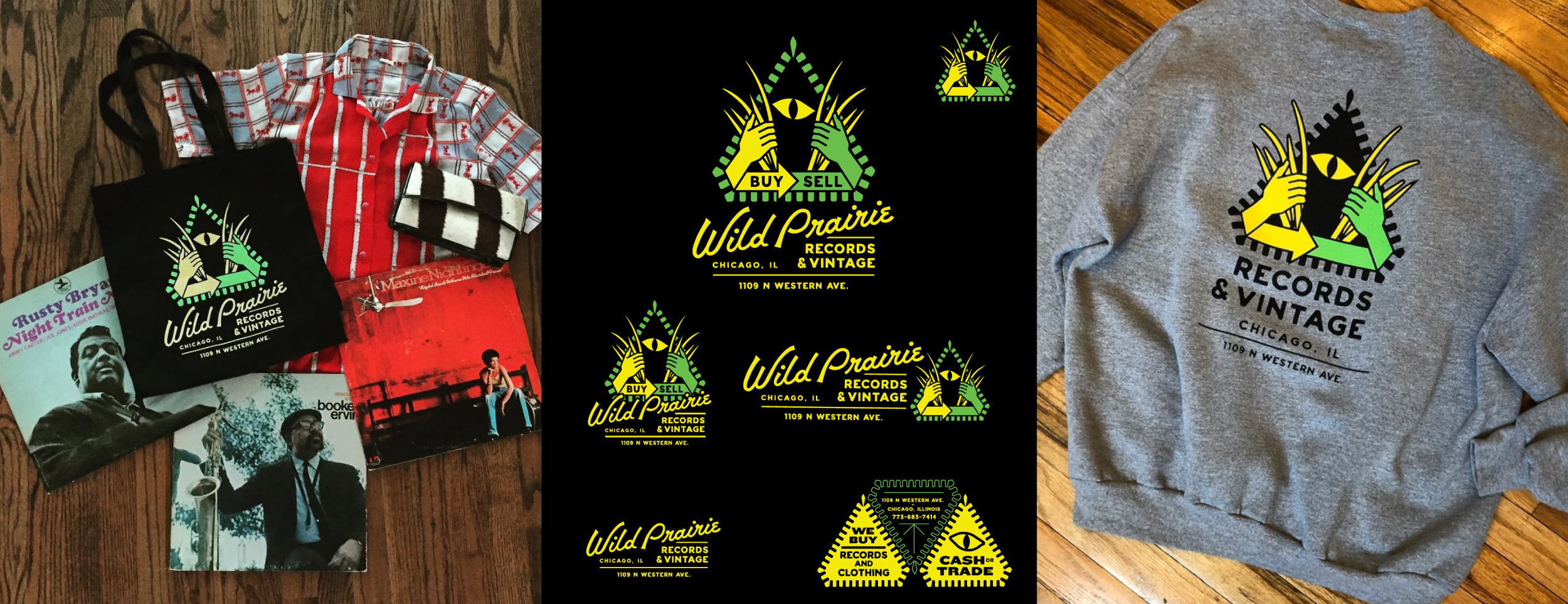 A collection of vintage music store merchandise, including tote bags, posters, and a sweatshirt, featuring a logo of hands holding a record in front of an eye, with the text 'Wild Prairie Records & Vintage' and the address '1109 N Western Ave, Chicag