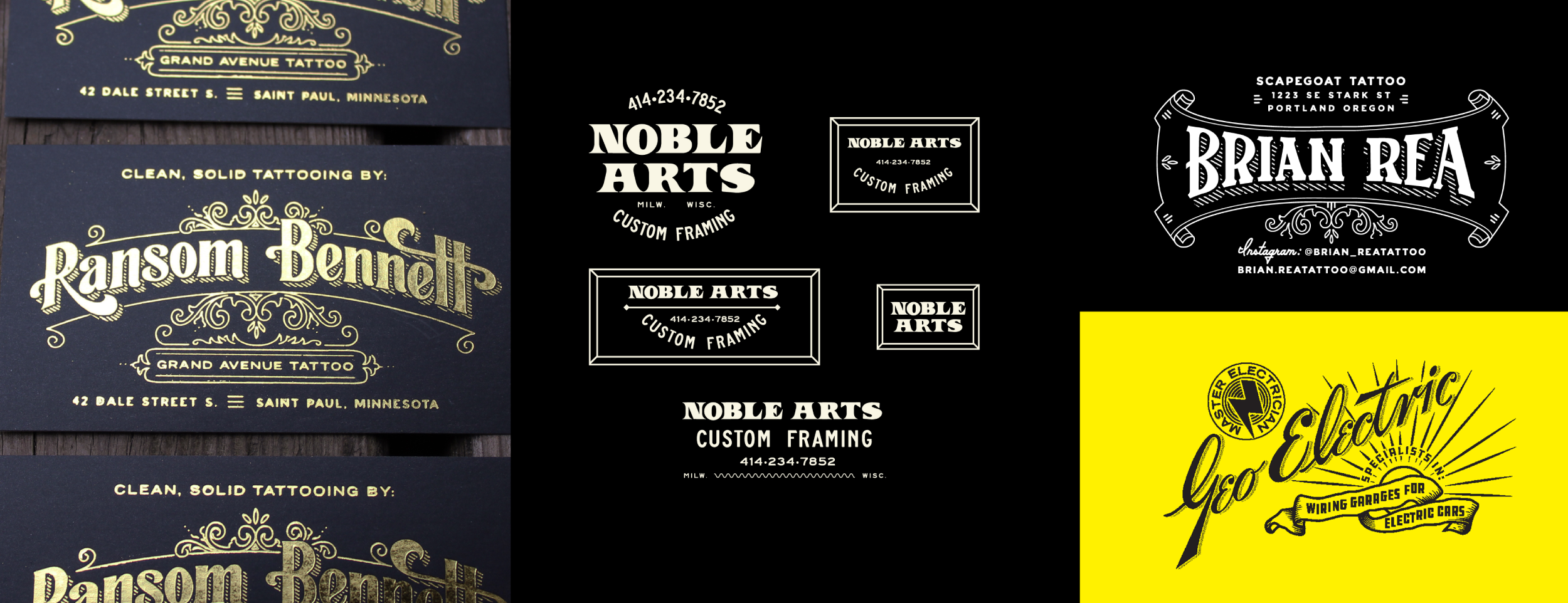 Collection of various logo and business card designs for tattoo shops and custom framing businesses. Includes designs for Ransom Bennett, Noble Arts, Brian Rea, and Geo Electric, featuring contact information and decorative elements.