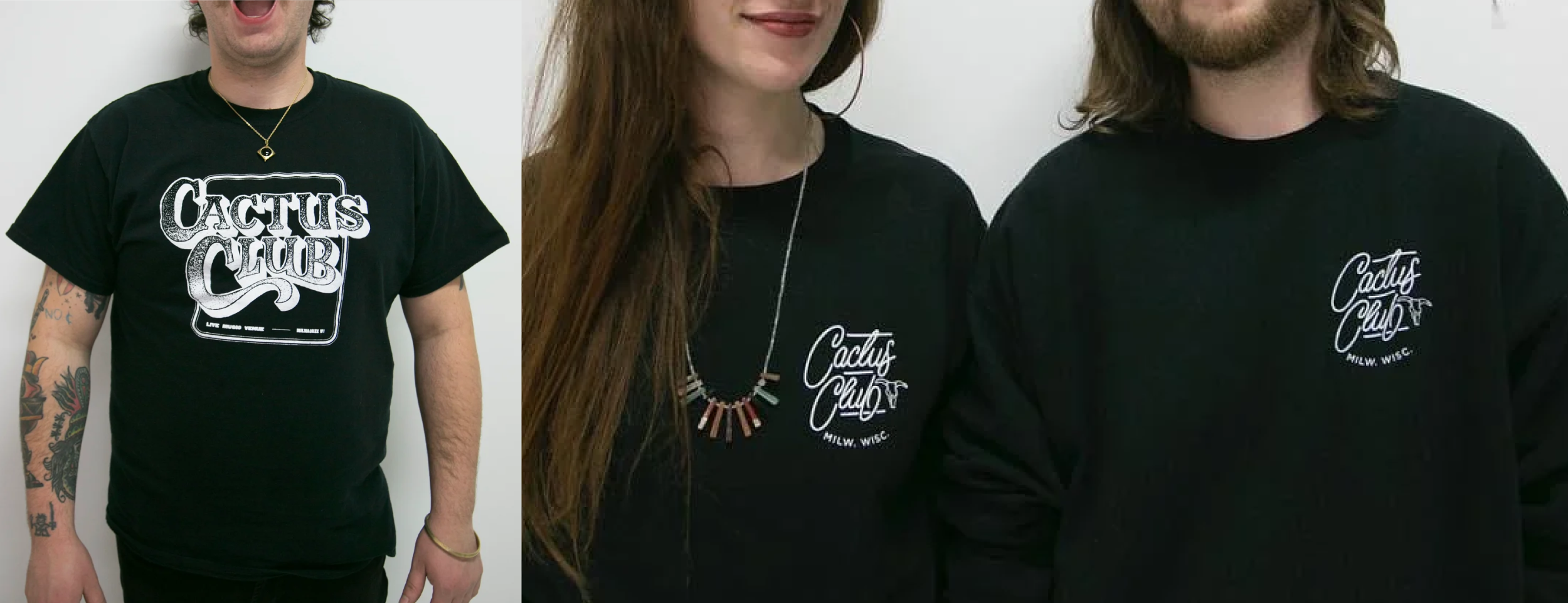 Three people wearing black shirts with white text and designs, standing against a white background.