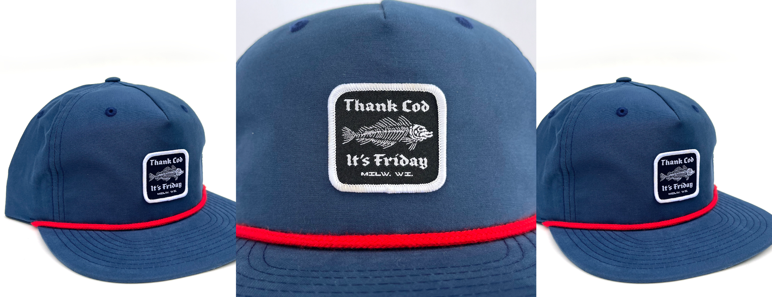 A blue baseball cap with a red band and a patch on the front that reads "Thank Cod It's Friday" with a fish skeleton graphic, all stitched in black and white.