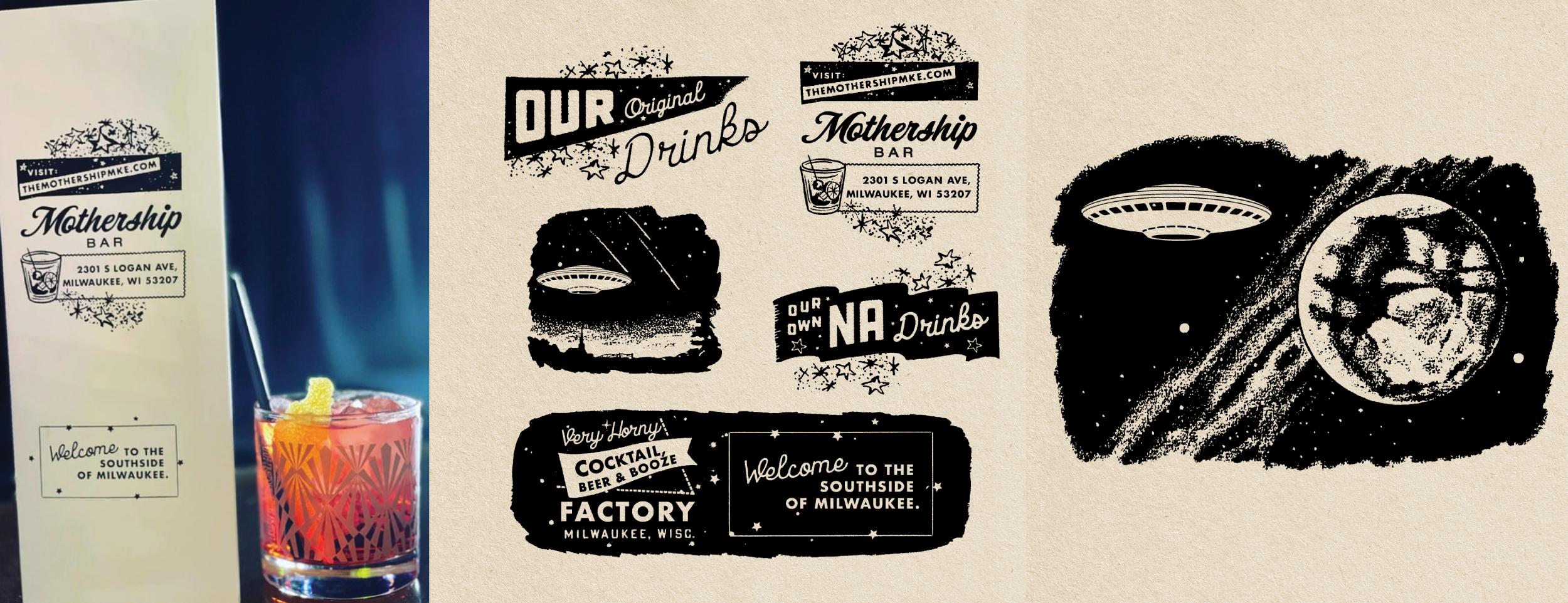 Black and white graphic designs and texts advertising Mothership Bar in Milwaukee, including a UFO, stars, planets, and phrases like 'Our Original Drinks,' 'NA Drinks,' and 'Welcome to the Southside of Milwaukee.'