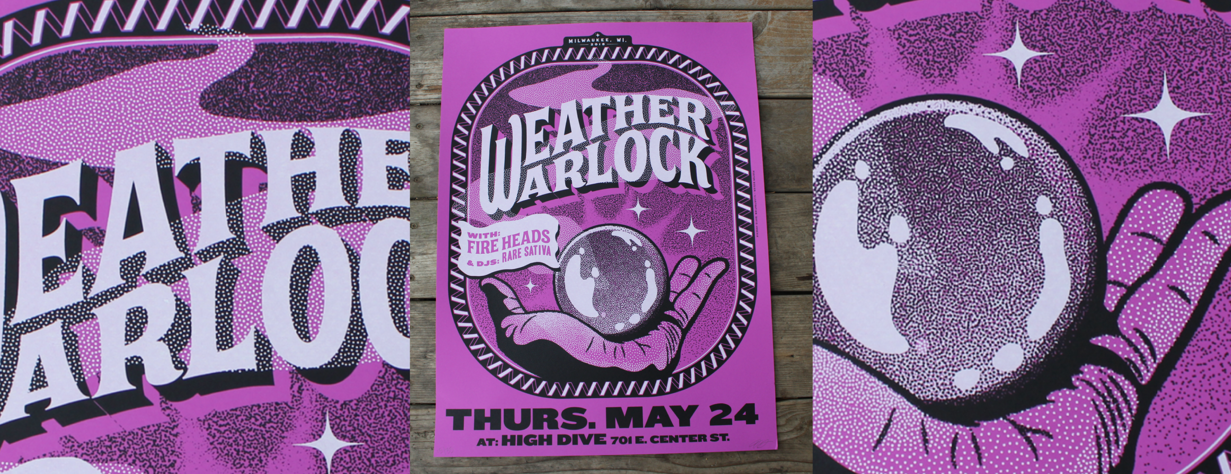Event poster for 'Death Warlord' showing a hand holding a crystal ball, with purple, black, and white graphic design, featuring stars and psychedelic elements. The event includes 'Fire Heads' and 'Rare Sativa' DJs, scheduled for Thursday, May 24 at H