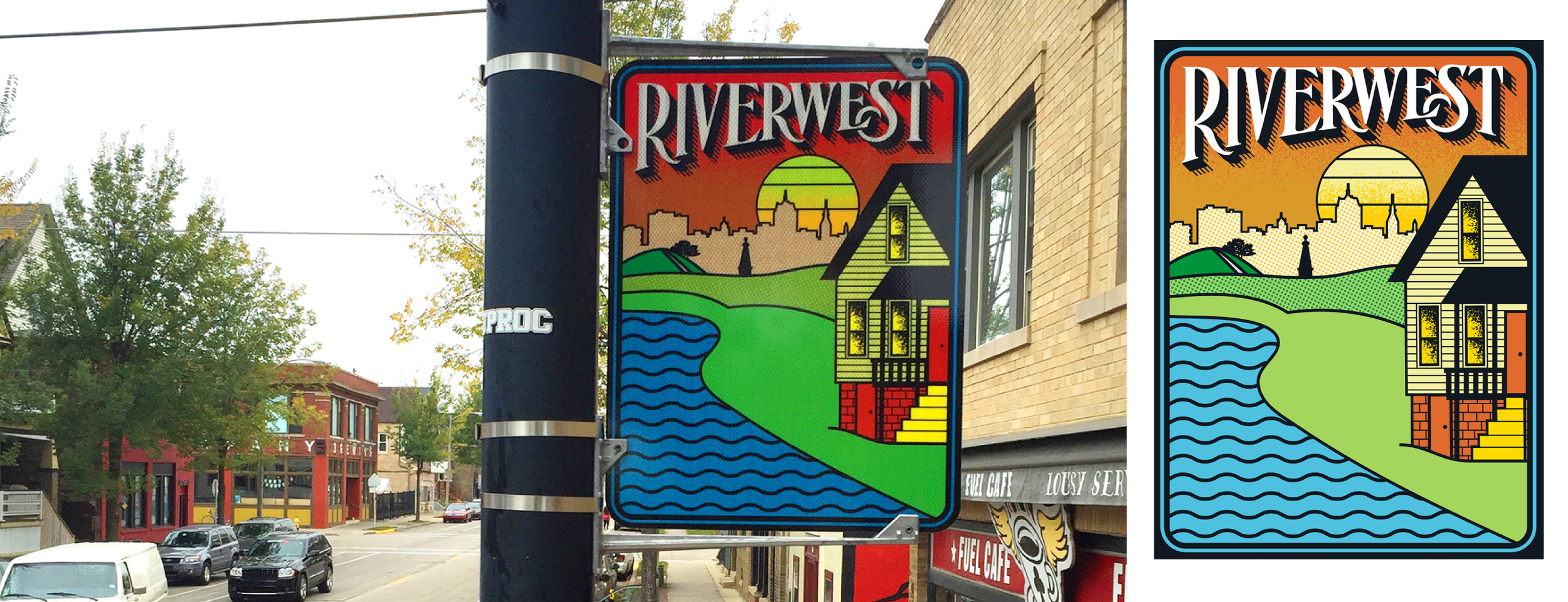 Colorful cityscape art featuring a sunset, city skyline, green hills, river, and a house with yellow stairs, with the word "RIVERWEST" at the top.