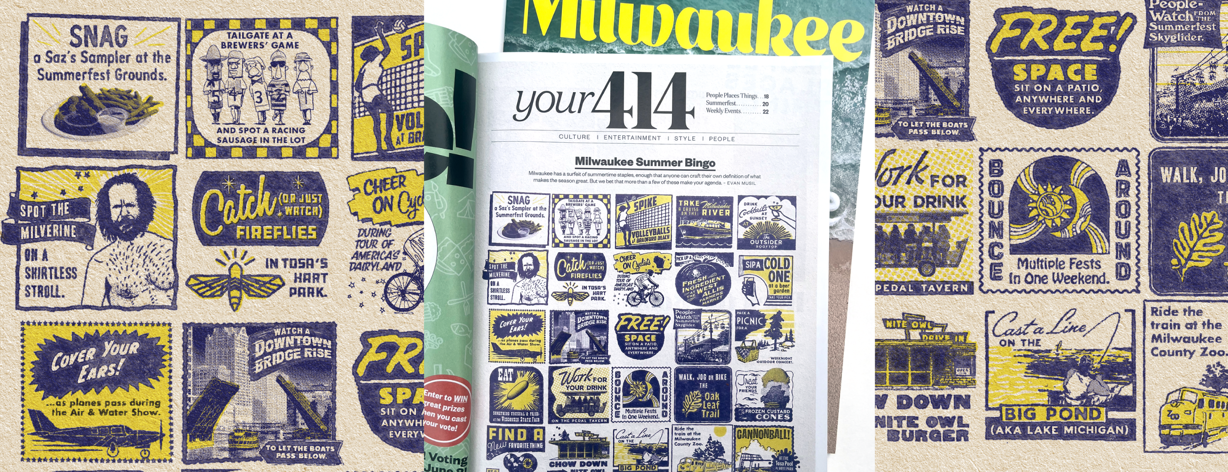 A colorful page layout featuring vintage-style illustrations and text about Milwaukee summer activities and events, including bingo, festivals, outdoor concerts, and local sights.
