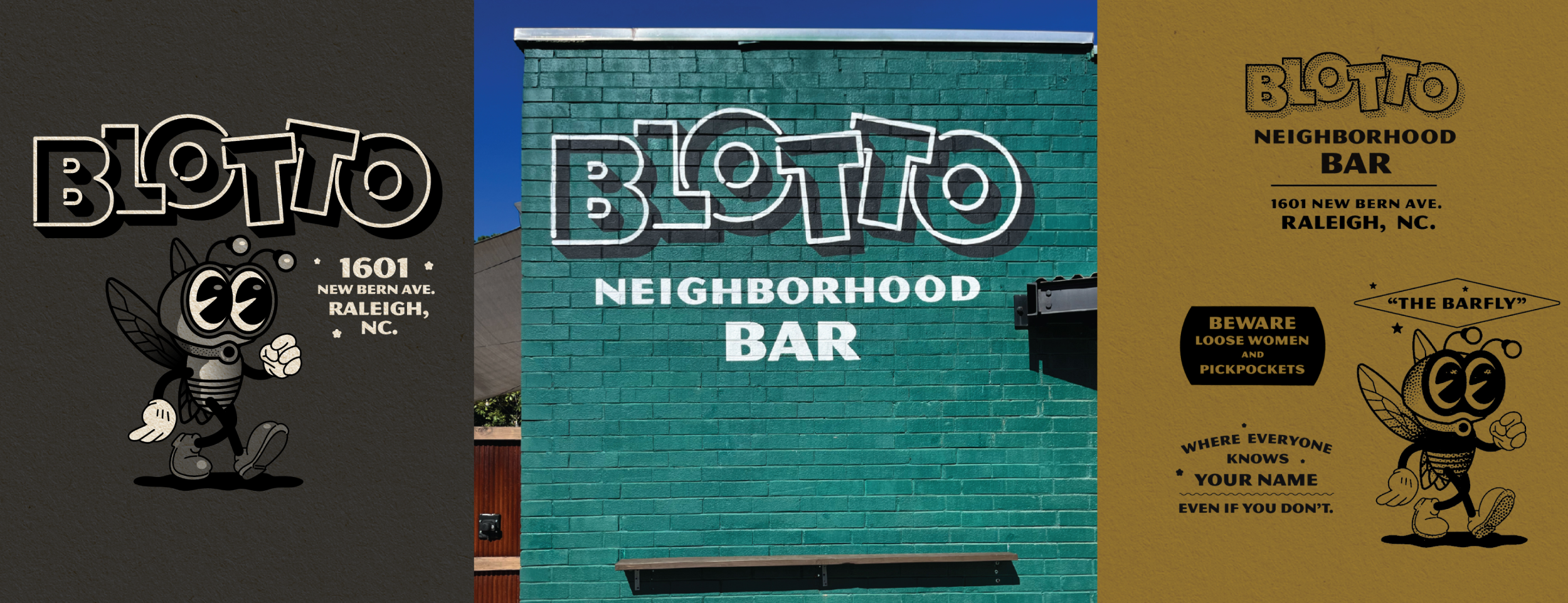 Three signs of Blotto Neighborhood Bar, one on a dark wall with a cartoon bee character, a second on a teal brick wall with neon letters, and a third on a yellow background with a cartoon bee and text about warnings and knowing your name.