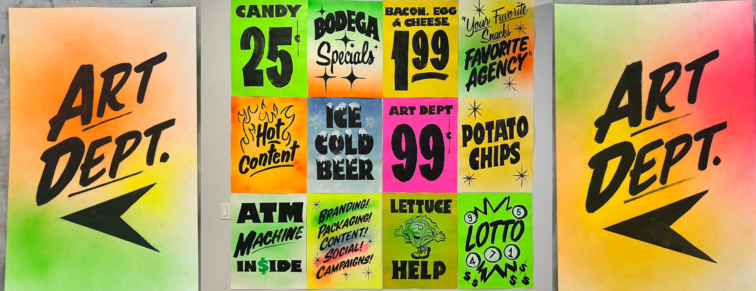 Colorful wall display with various handmade signs and advertisements, including prices for candy, bodega specials, bacon, eggs, cheese, and potato chips, with signs about art content, ice-cold beer, and a lotto game.