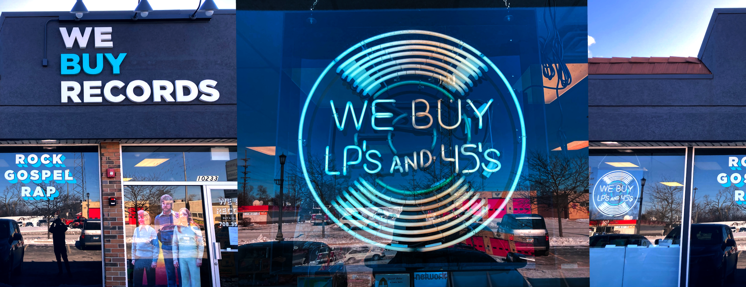 Exterior of a record store with a neon sign reading 'WE BUY LP'S AND 45'S' on the window. The store has signage indicating 'WE BUY RECORDS' and 'ROCK GOSPEL RAP'.