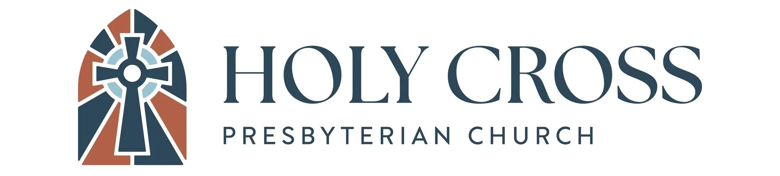 Logo for Holy Cross Presbyterian Church featuring a stained glass window with a cross and rays of light.
