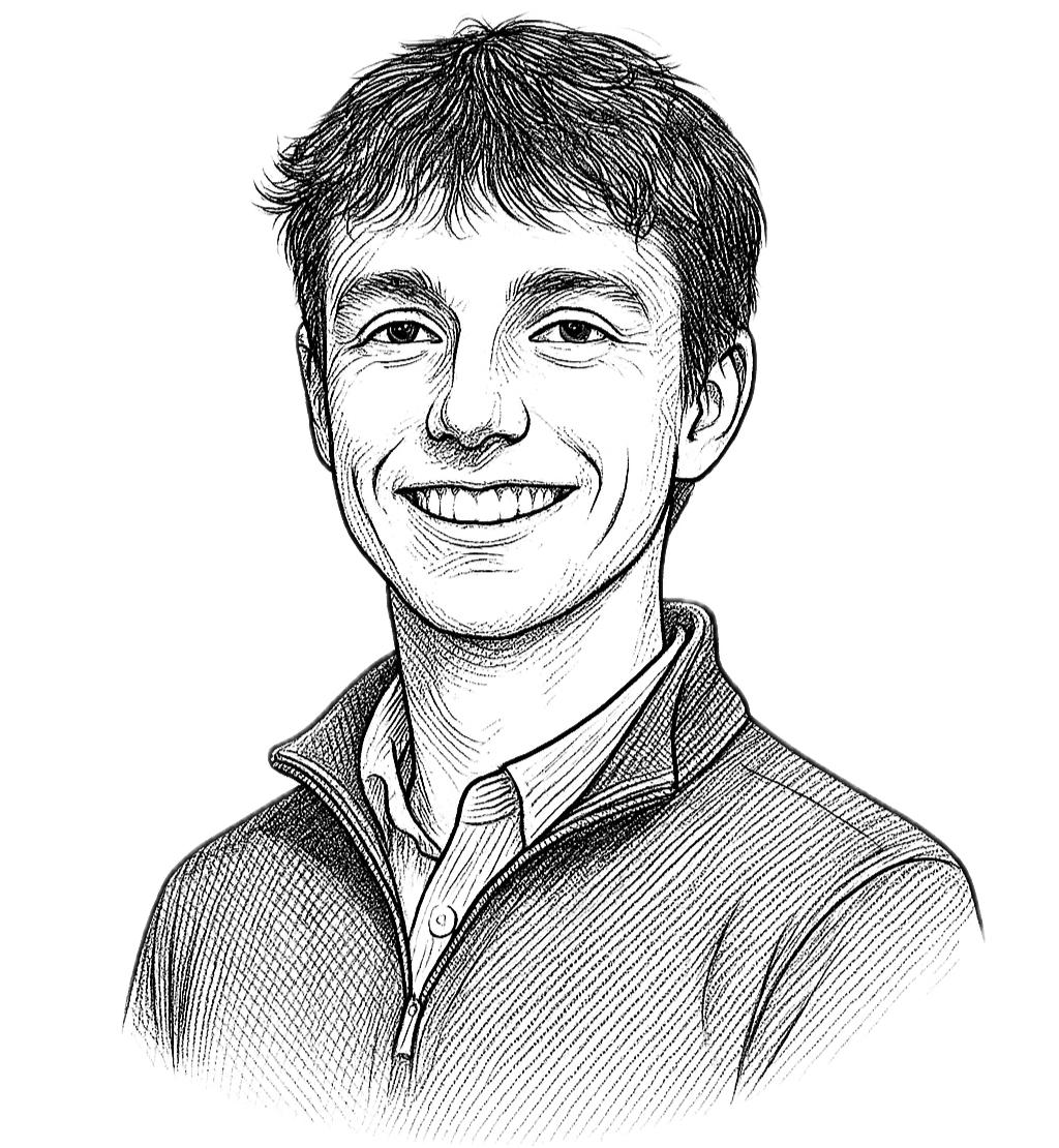 Black and white line drawing of a young man with short, slightly wavy hair, smiling, wearing a zip-up jacket over a collared shirt.