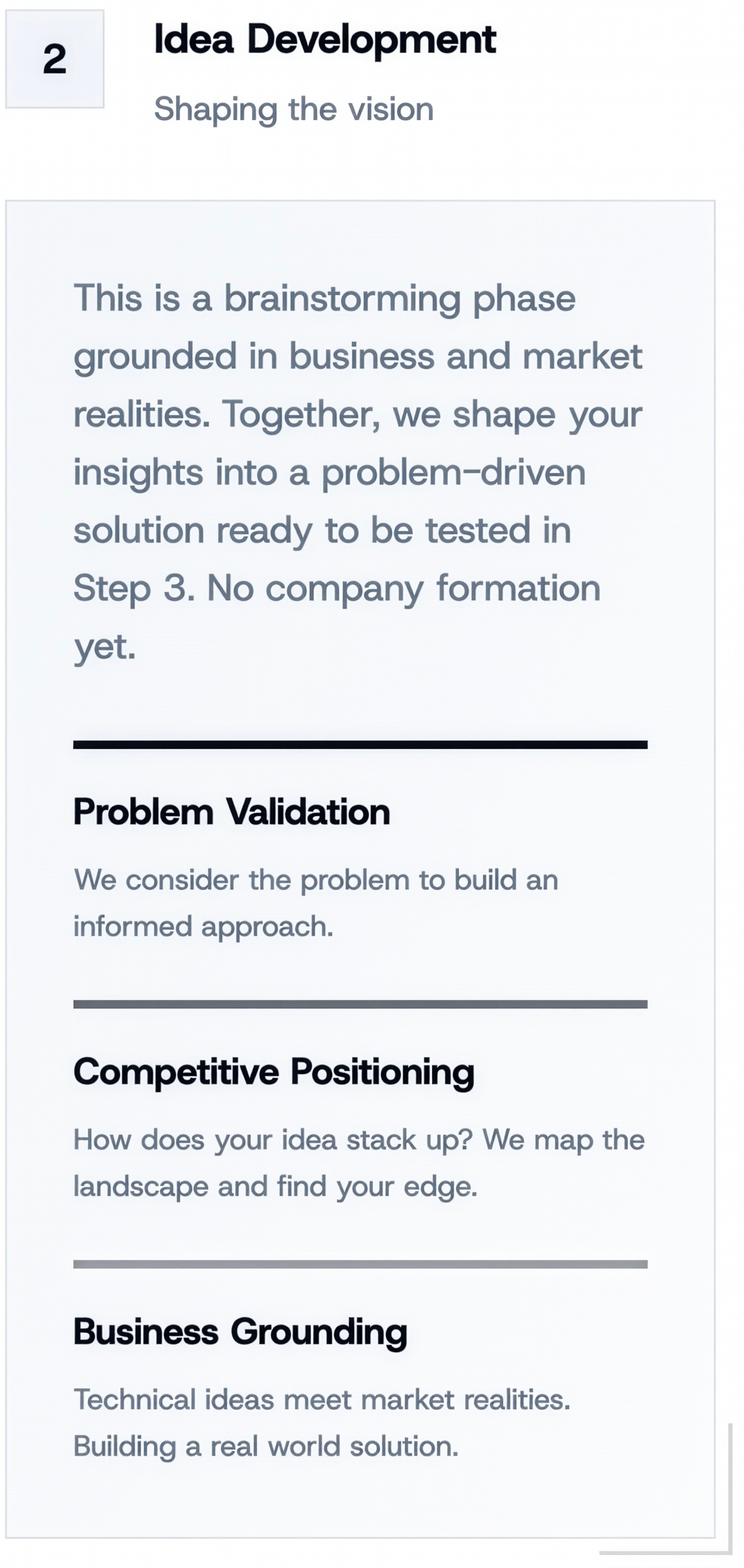 Slide titled 'Idea Development' with the subtitle 'Shaping the vision'. The slide discusses brainstorming, problem validation, competitive positioning, and business grounding in the context of idea development.