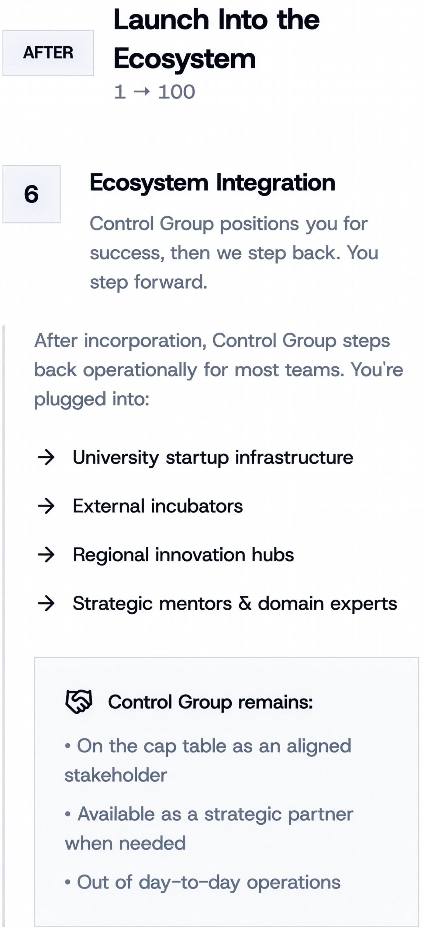 Page from a presentation or document titled "Launch Into the Ecosystem" with a section called "Ecosystem Integration." It discusses control group positioning and steps back operationally for teams plugged into university startup infrastructure, external incubators, regional innovation hubs, and strategic mentors & domain experts. A note about the control group's role remains, highlighting their status on the cap table as stakeholders, strategic partners, and their operational context.