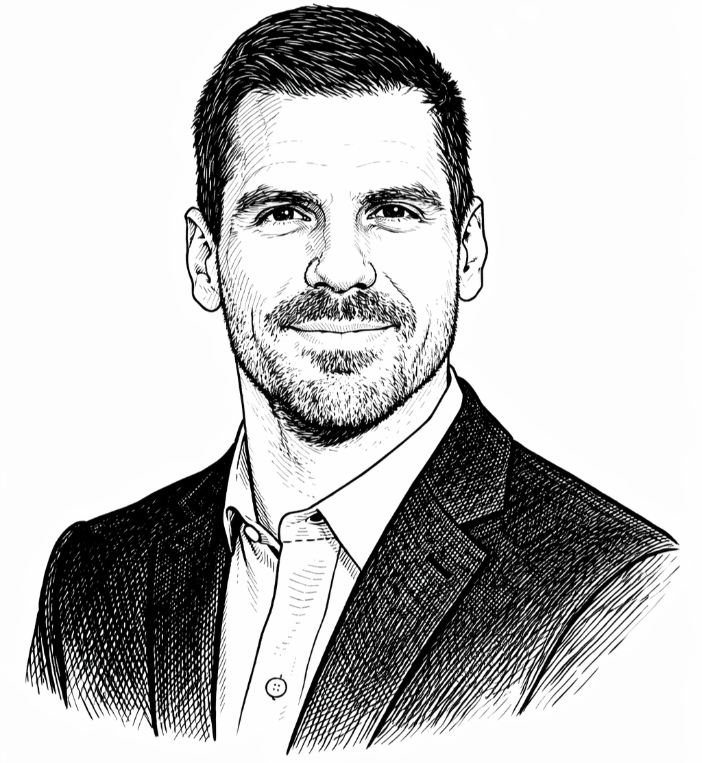 Black and white illustrated portrait of a man with short hair, a beard, wearing a suit jacket and collared shirt, smiling slightly.