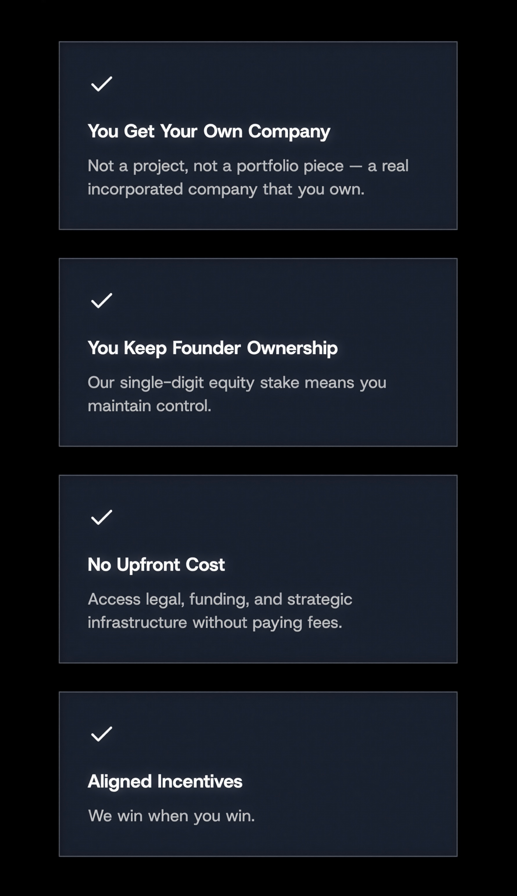 Screenshot of a presentation slide outlining benefits of owning your own company, including points like 'You Get Your Own Company,' 'You Keep Founder Ownership,' 'No Upfront Cost,' and 'Aligned Incentives'.