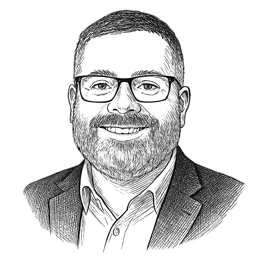 Black and white line drawing of a smiling man with glasses, a beard, wearing a suit jacket and collared shirt.