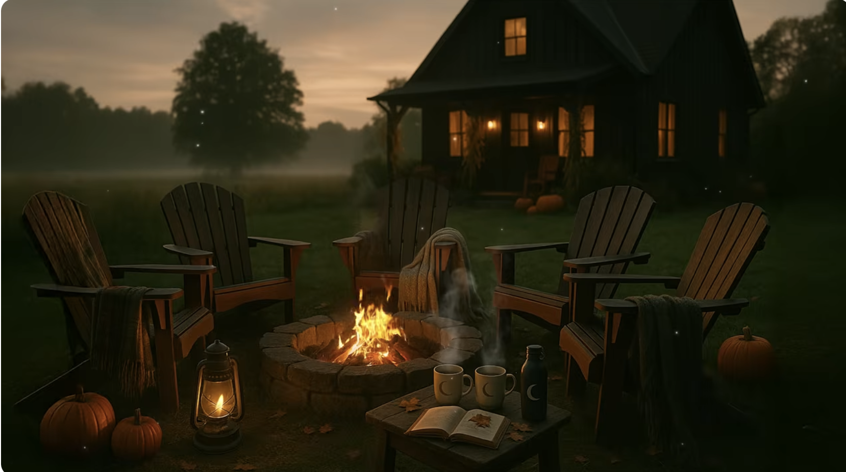 Firepit gathering outside a dark farmhouse at dusk with Adirondack chairs, mugs, and warm window light