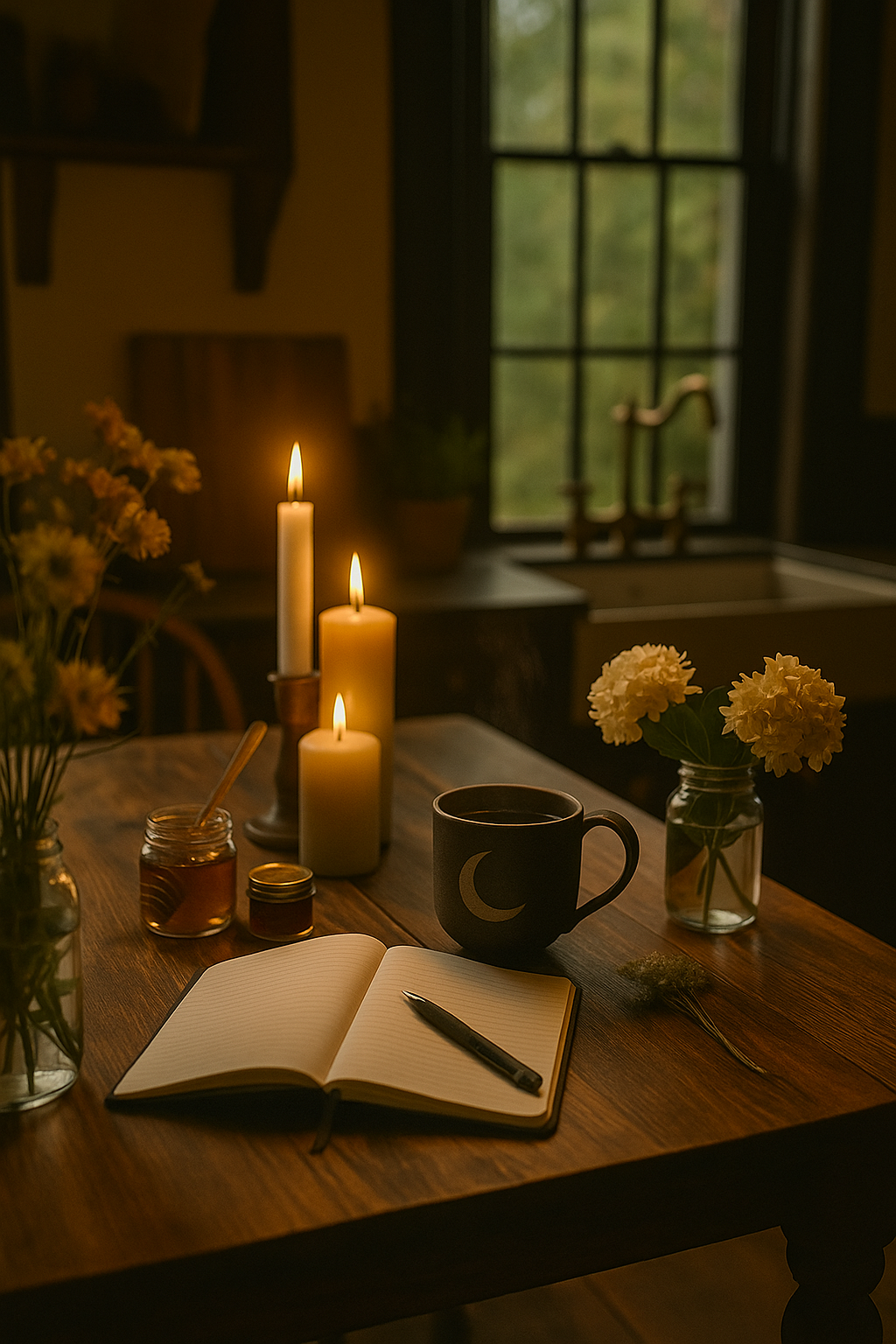 Candlelit writing table with an open notebook, black mug, wildflowers, and warm window light in a cozy dark interior