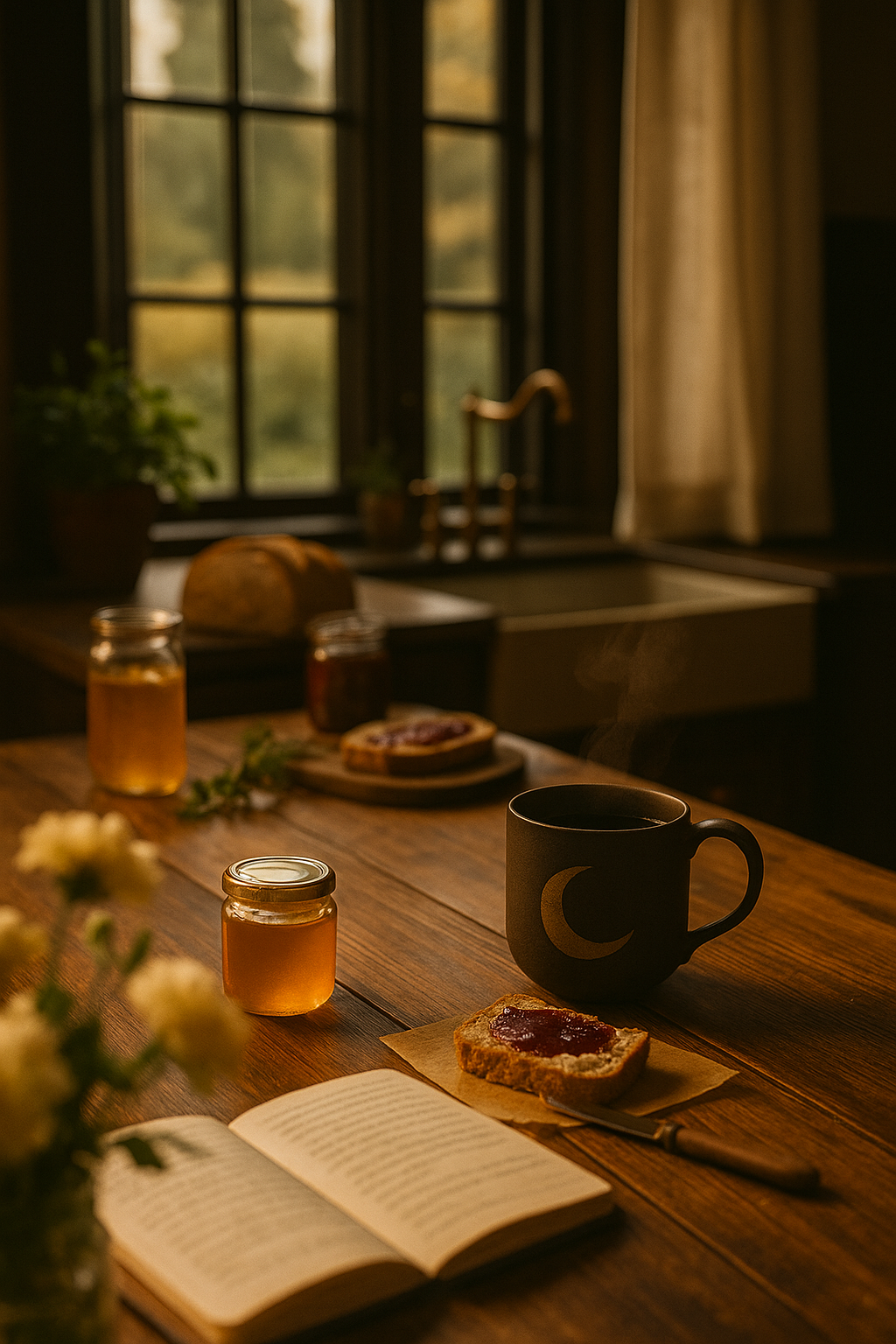 A cozy kitchen scene during the day with sunlight coming through a window. On a wooden table, there are jars of honey, a mug with a moon design, a slice of bread with jam, an open book, a knife, and some dishes with bread and jam. The background shows a kitchen sink beneath the window, with curtains and some potted plants.