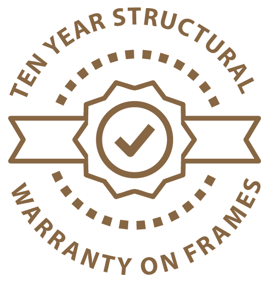 A circular badge with a checkmark in the center, surrounded by the text 'Ten Year Structural Warranty on Frames' and decorative dotted and geometric elements.