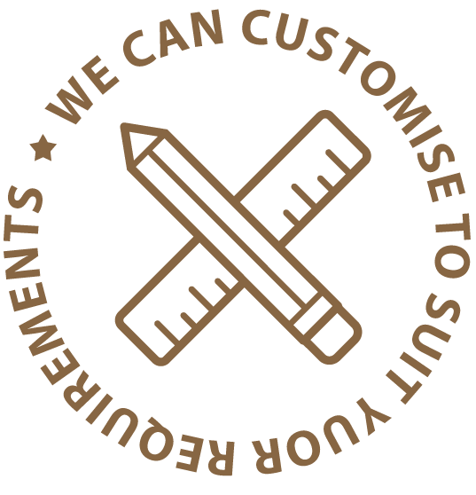 A circular logo with the message 'We can customize to suit your requirements' around the perimeter, featuring two crossed rulers in the center.