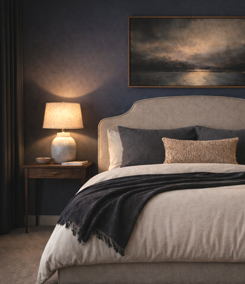 A bedroom with a Marquis beige upholstered bedhead, dark pillows, and a brown decorative pillow. There is a side table with a lit lamp, a small bowl, and some books. A landscape painting hangs above the bed, and dark curtains are on the window.