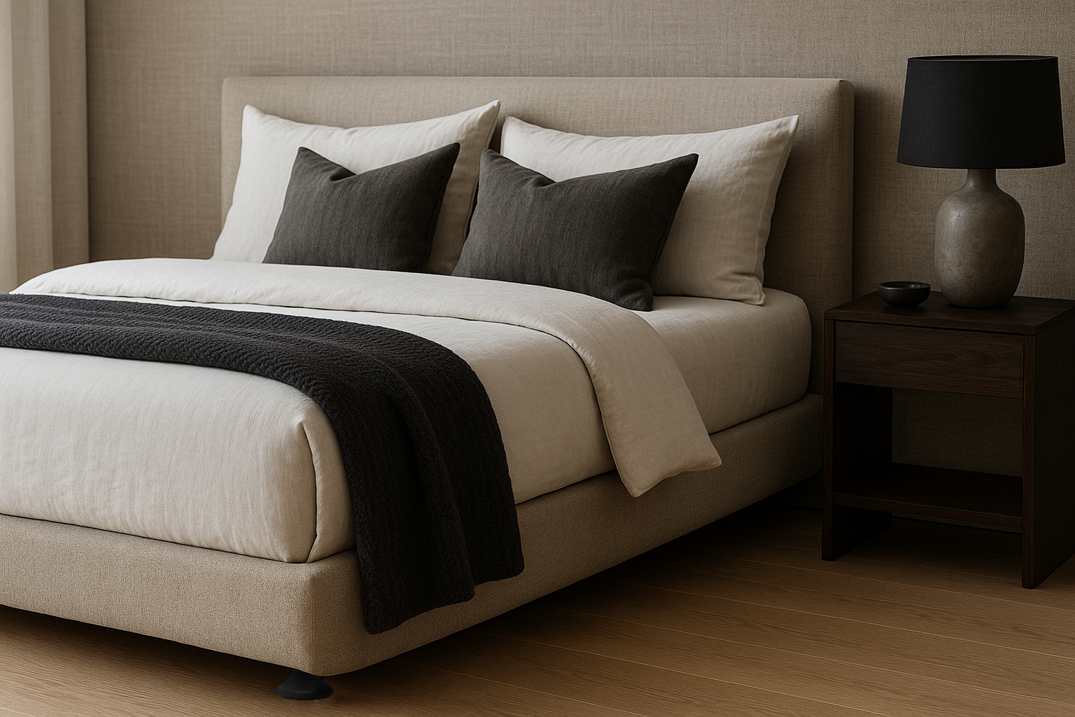 A neatly made bed with beige bed base, Bedhead and bedding, two large cream pillows, and two smaller dark gray pillows, next to a dark wooden nightstand with a lamp on top and a small bowl, in a room with beige walls and wooden flooring.