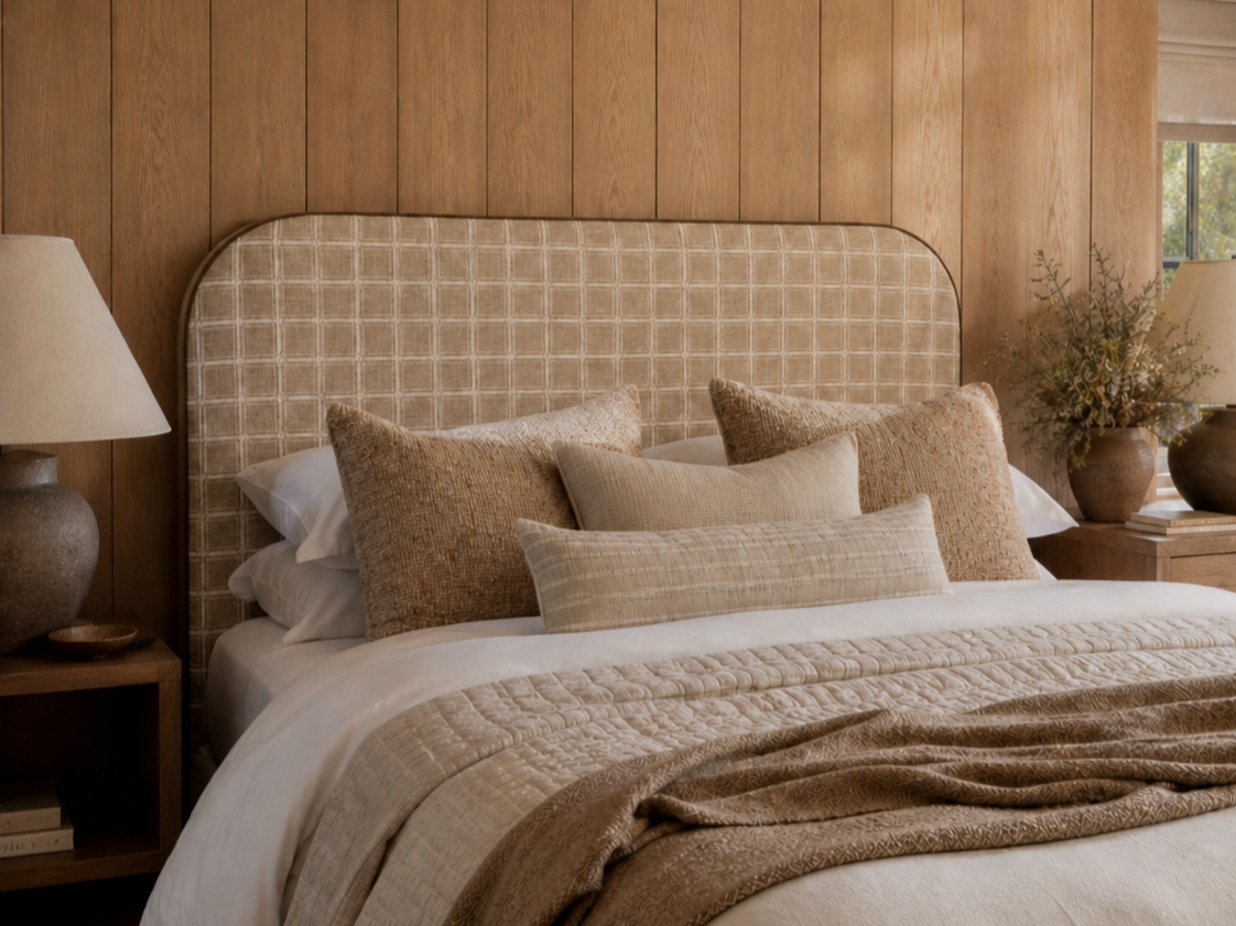 A cozy bedroom with a beige patterned upholstered headboard, multiple throw pillows, a quilted bedspread, and wooden nightstands with lamps and plants.