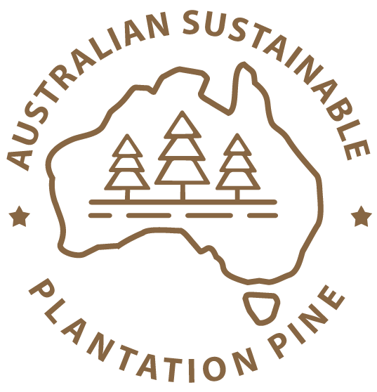 Outline map of Australia with three pine trees and two horizontal lines inside, encircled by the text 'Australian Sustainable Plantation Pine' with two stars on either side.