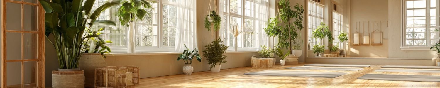 Bright breathwork, yoga or meditation studio with large windows, hardwood floors, and greenery including potted plants and hanging plants.